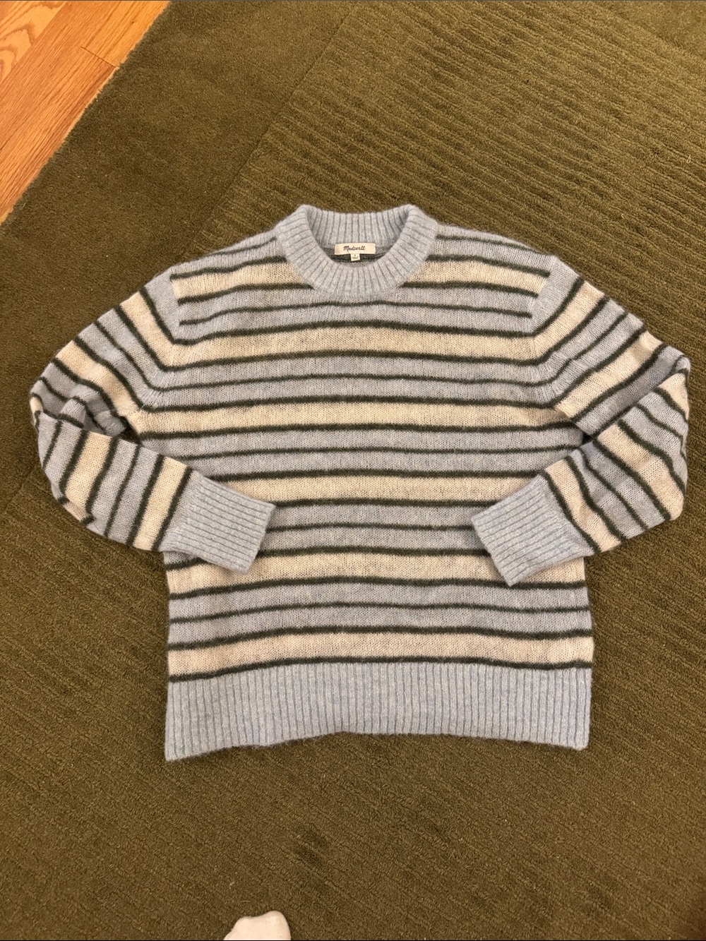 Madewell Light Blue, Cream & Dark Blue Striped Crewneck Sweater